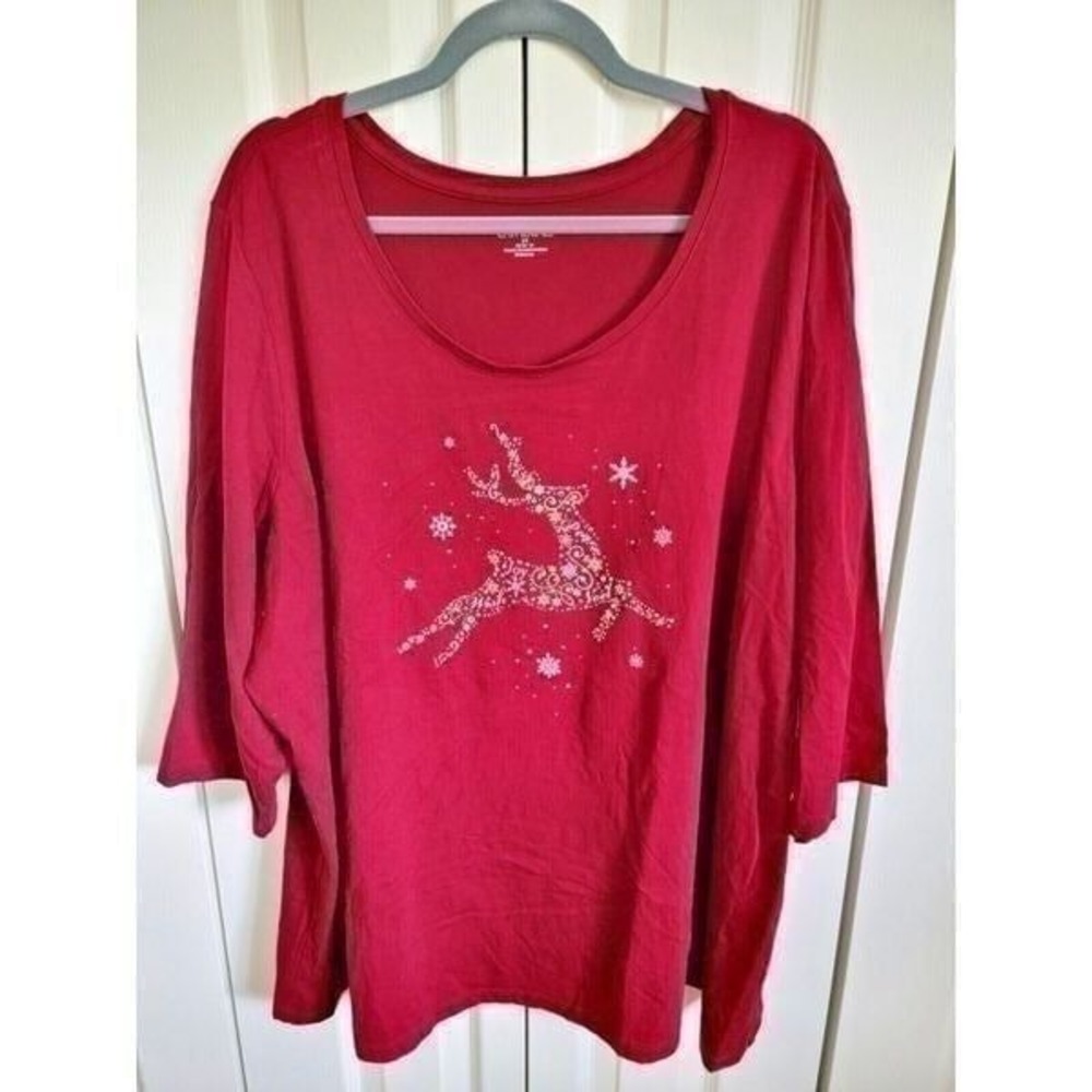 Catherine's 2X Holiday Maroon 3/4 Sleeve Top & Glittery Reindeer‎ 22/24W Stretch